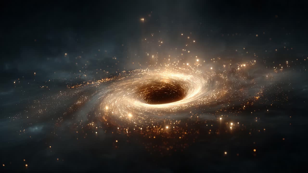 A mesmerizing portrayal of a swirling galaxy's black hole, surrounded by radiant stars and cosmic dust, illustrating the beauty and mystery of the universe's profound forces