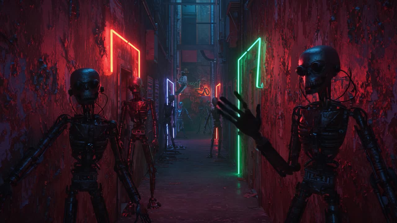 In a dystopian alleyway filled with vibrant neon lights, robotic skeletons stand in eerie postures, poised in an unsettling yet captivating urban environment