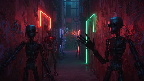in a dystopian alleyway filled with vibrant neon lights, robotic skeletons stand in eerie postures, poised in an unsettling yet captivating urban environment