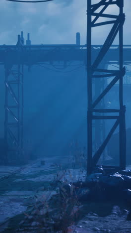 fábrica en ruinas en la niebla