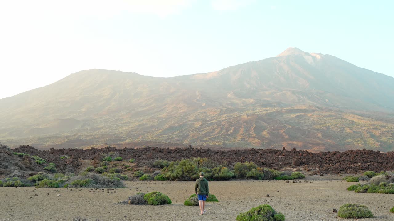 hombre solitario disfrutando del terreno mágico del parque nacional del teide, vista de atrás