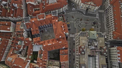 Prague-Czechia-Aerial-v112-vertical-birds-eye-view-flyover-Old-town-district-capturing-narrow-streets,-historical-buildings,-Assisi-church-and-Charles-bridge---Shot-with-Mavic-3-Cine---November-2022