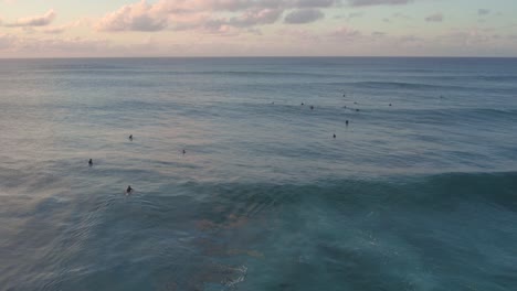 surfers surfing at north shore in hawaii during sunset, aerial shot