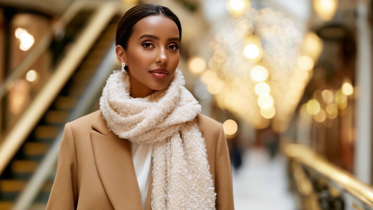 Elegante ritratto di moda di una donna con una sciarpa accogliente in un ambiente splendidamente illuminato, che cattura lo stile stagionale e la grazia in un'atmosfera alla moda.