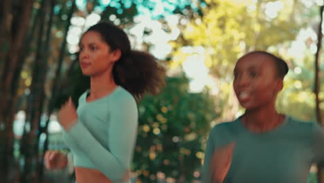 runner women, friends and training in park