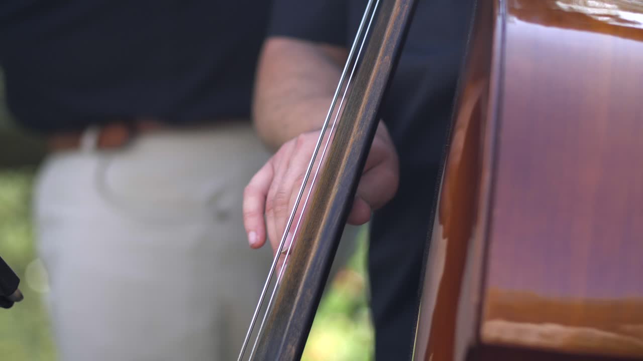 man playing upright bass with fingers in garden, closeup of strings on instrument