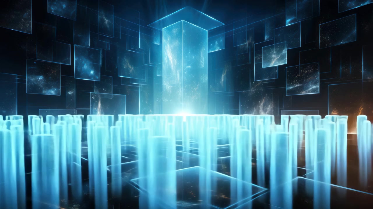 Abstract Digital Grid with Glowing Blue Pillars and Floating Panels