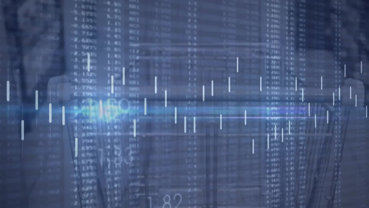 Animation of binary codes with lines and lens flare on abstract background