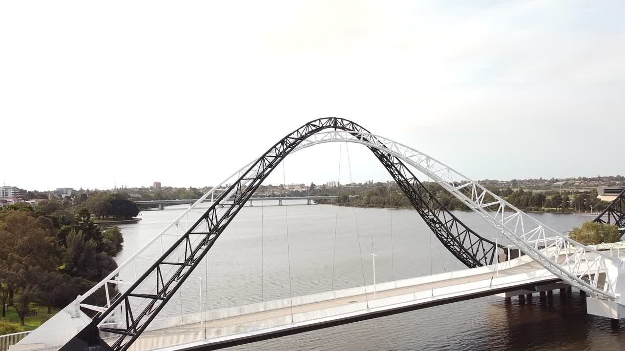 Aerial view of cyclist and pedestrains using the Matagarup Bridge over the Swan river Perth
