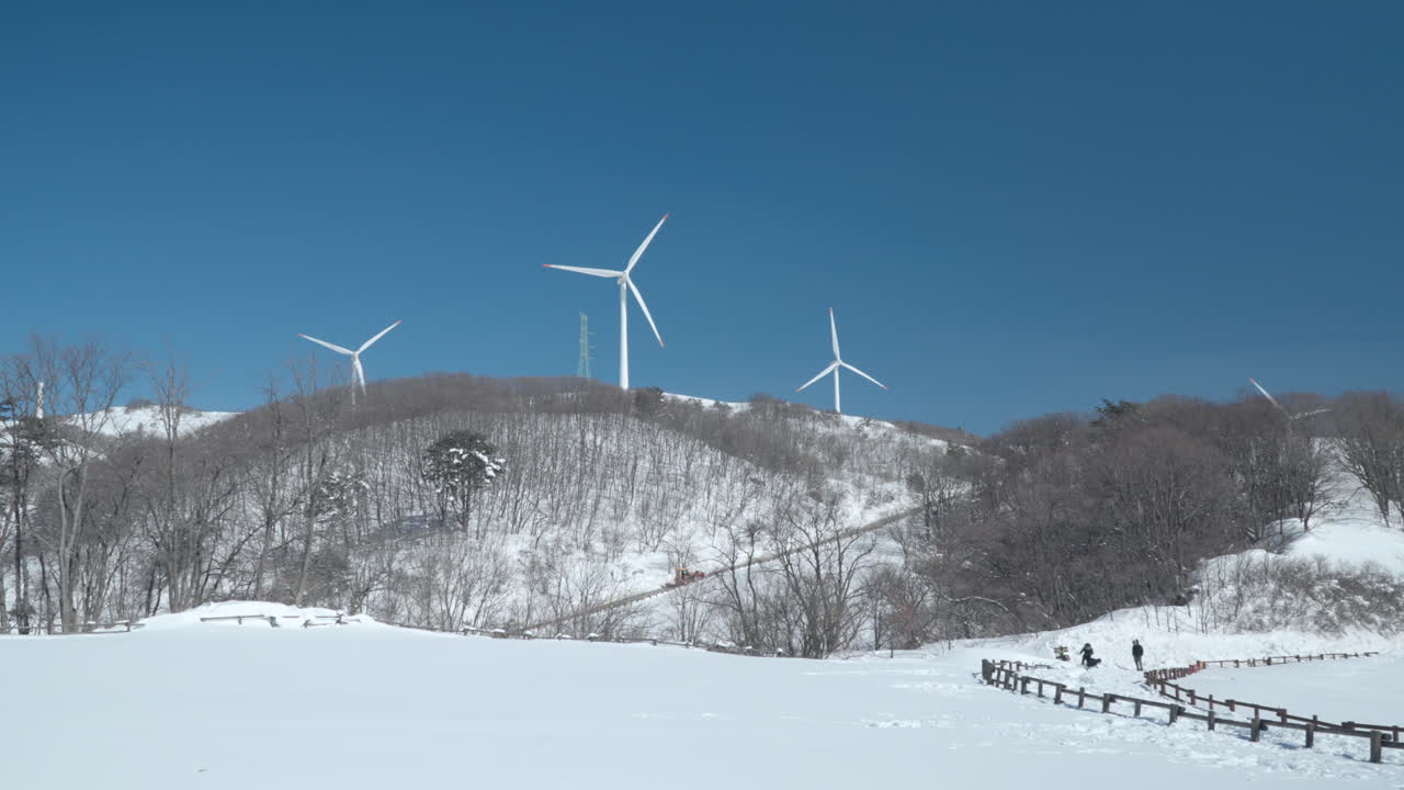 Daegwallyeong Sky Ranch in Winter - Tourists and Walk Path Though Snowy Farmland and Wind TUrbines on Mountain Hills Against Blue Sky