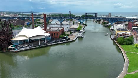 cuyahoga river running in downtown cleveland, ohio