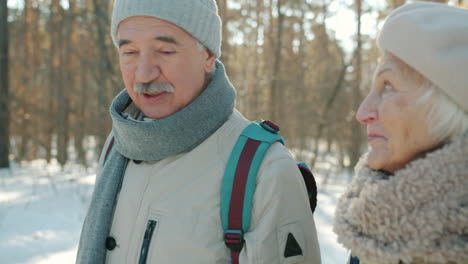 senior couple walking in the winter forest