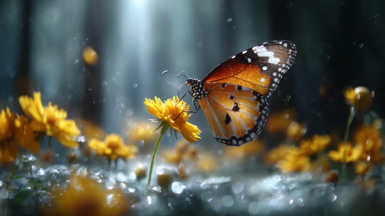 Una maestosa farfalla monarca si posa con grazia su vivaci fiori gialli, illuminata da delicati raggi di luce che filtrano attraverso un lussureggiante sfondo di foresta