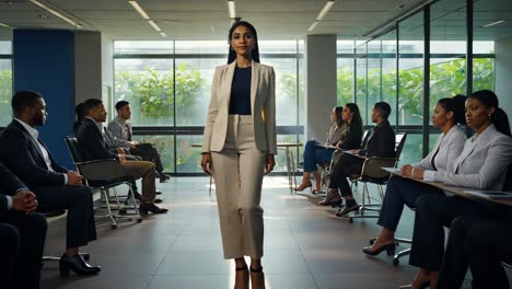 confident woman walks into a business meeting surrounded by colleagues