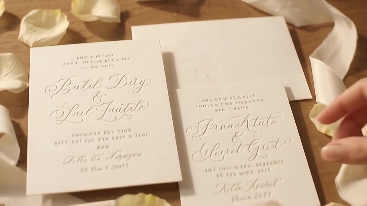 Hand Touching Elegant Wedding Invitation Cards with Rose Petals
