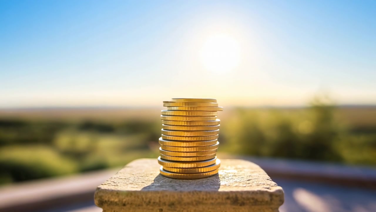 A stack of coins is seen increasing in height on an outdoor balcony, symbolizing prosperity and growth in the finance and investment sectors. The scene is viewed from a low angle, offeringa.