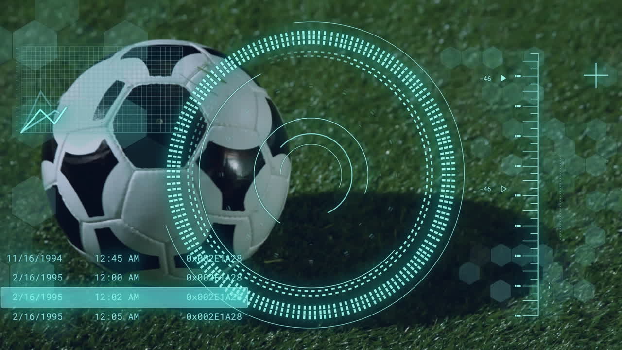 animación de escaneo de alcance y procesamiento de datos sobre el fútbol.