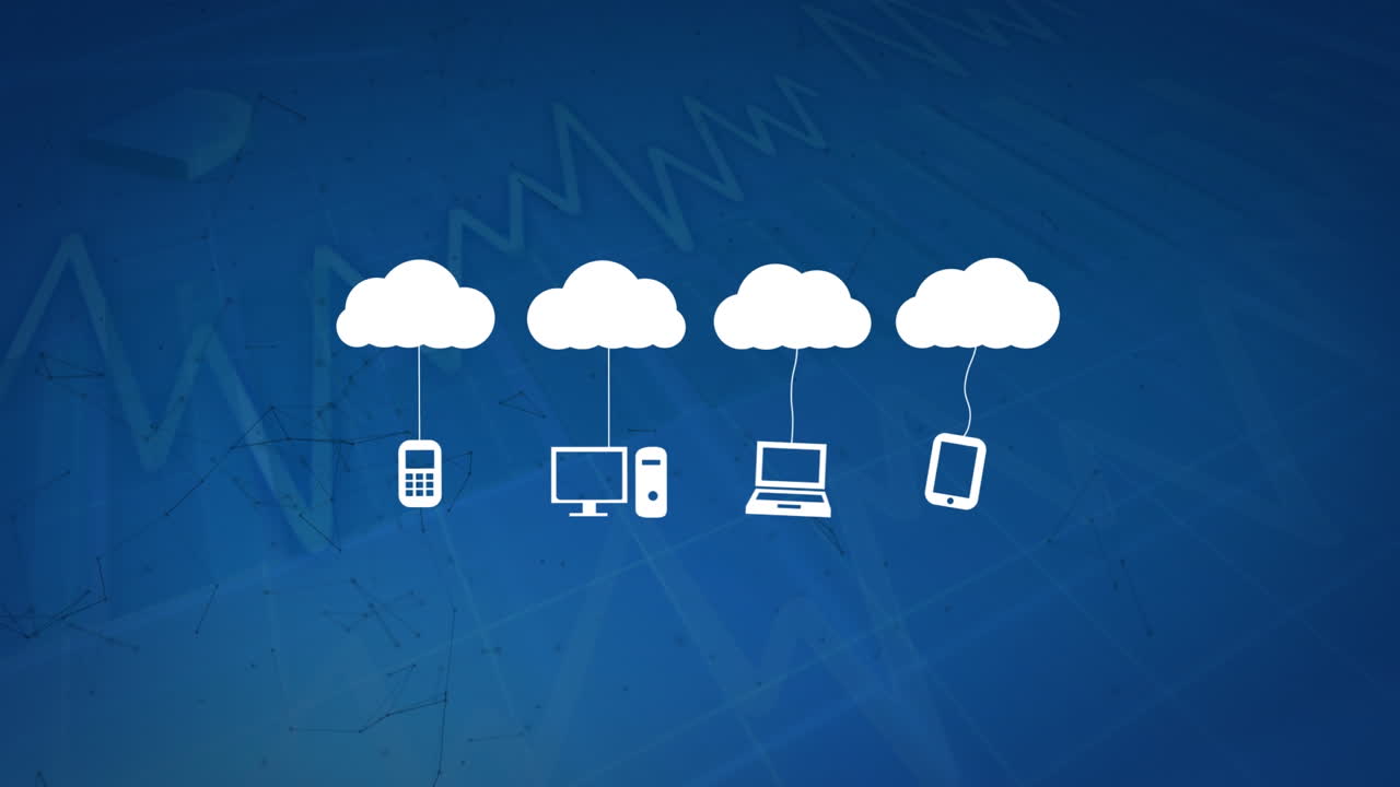 animación de nubes con iconos de tecnología sobre gráficos sobre fondo azul