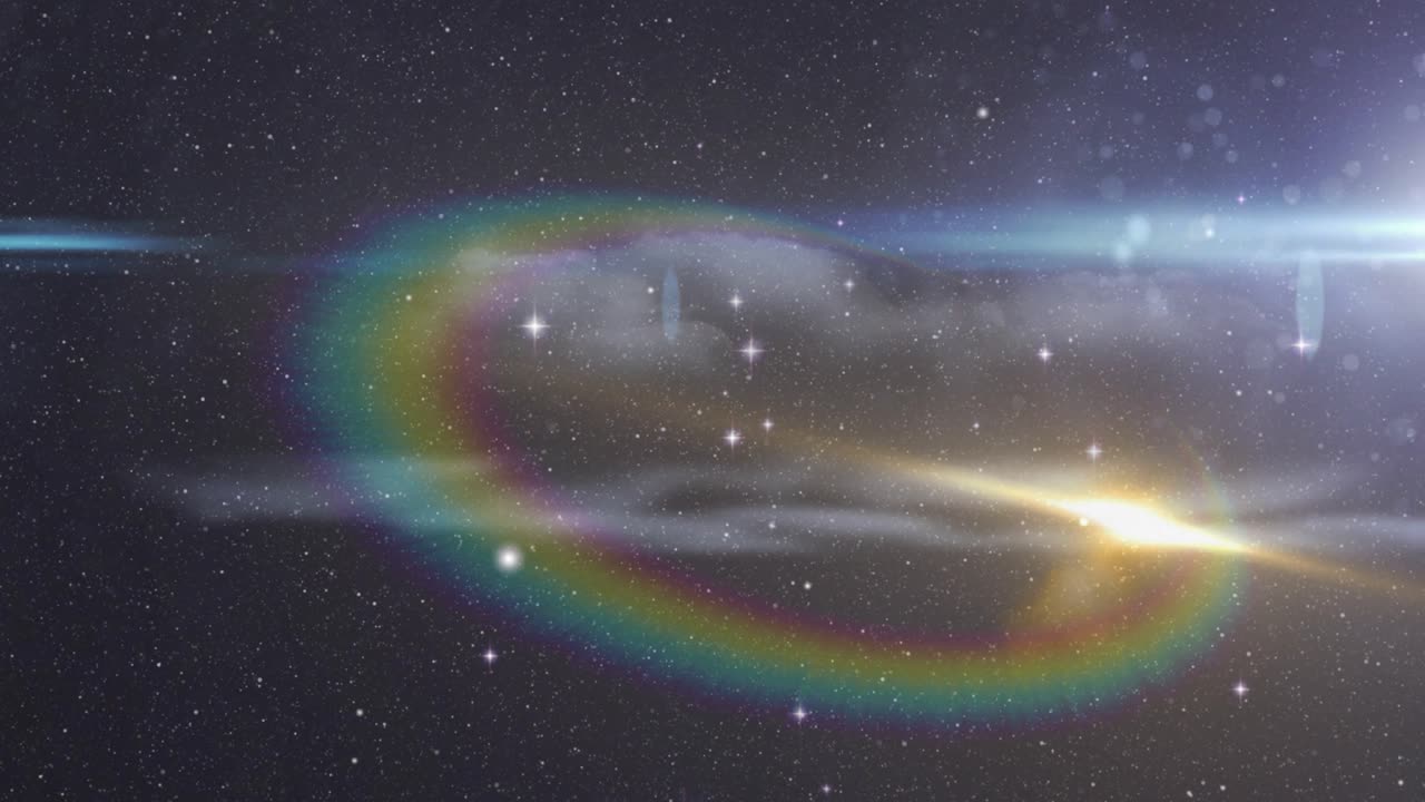 Star field starting warp, stars streaking, light bursting and arc spiraling forming cosmic disc