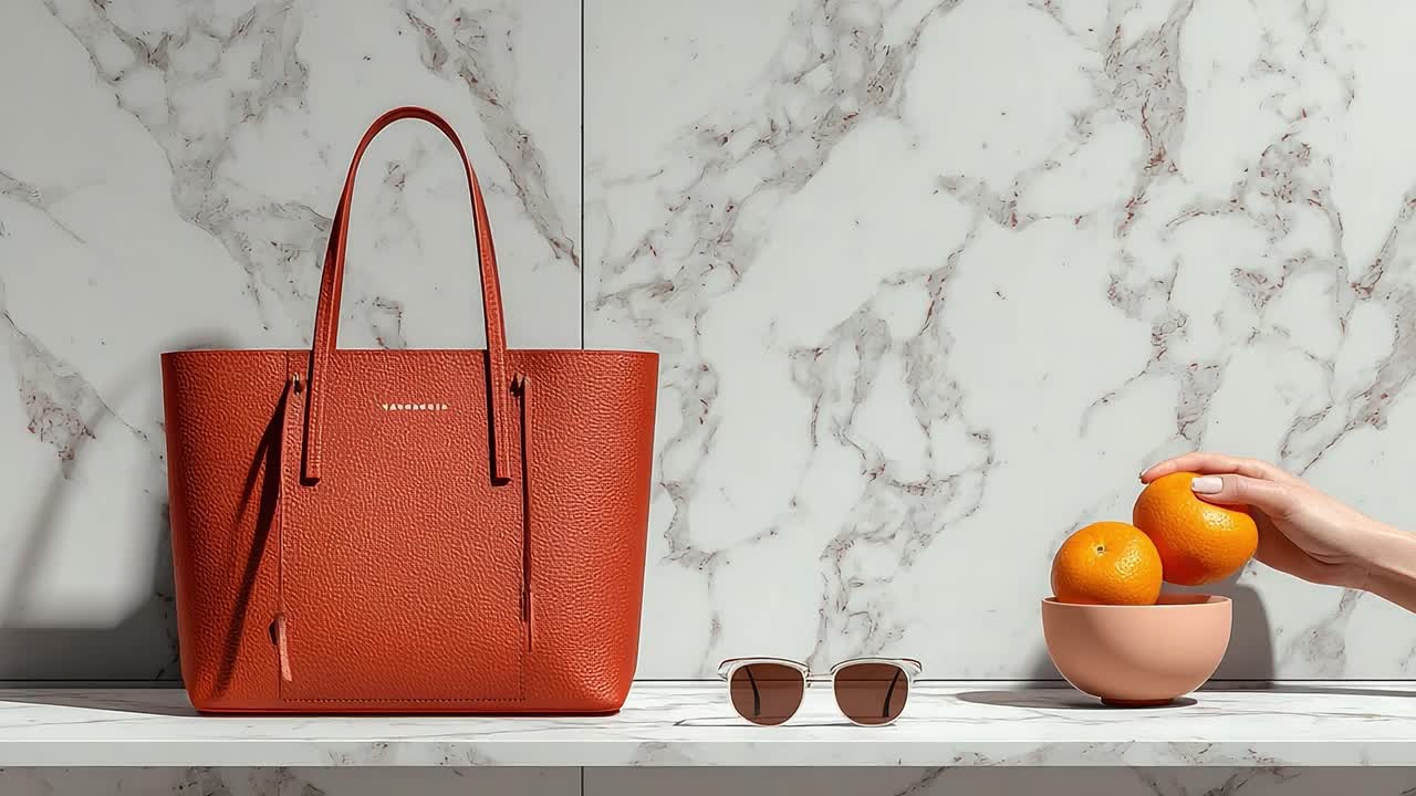Presentazione di moda elegante con una raffinata borsa a mano arancione, occhiali da sole e arance fresche su una superficie di marmo, perfetta per uscite estive e look di tendenza