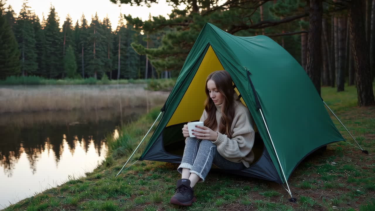 Kvinde nyder kaffe på campingtur