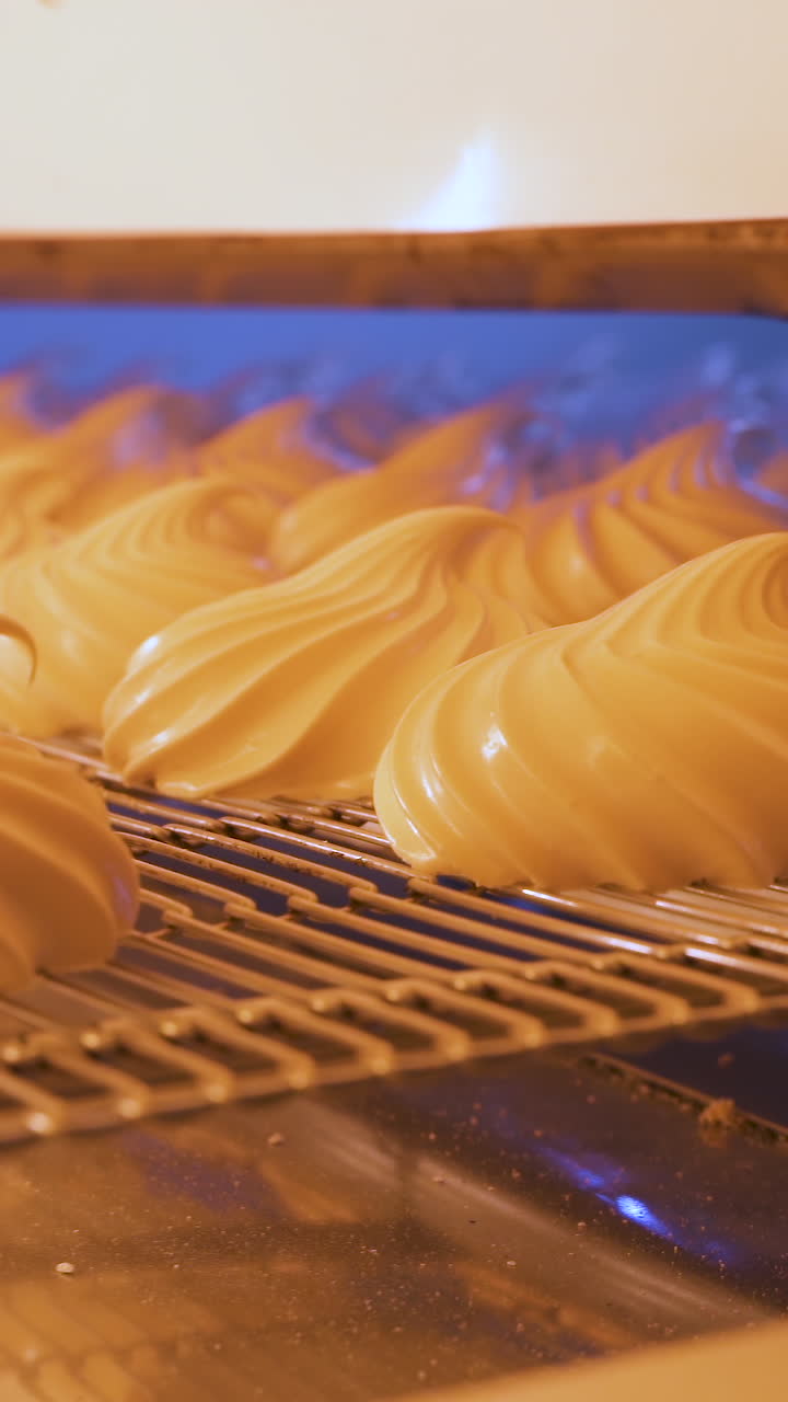 Marshmallow production workshop. Souffle on metal belt moves along the conveyor in the drying apparatus. Confectionery factory of natural products. Vertical video