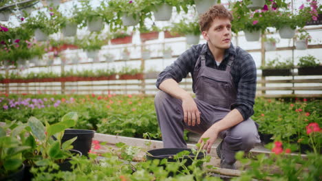 farmer in gloves working at greenhouse