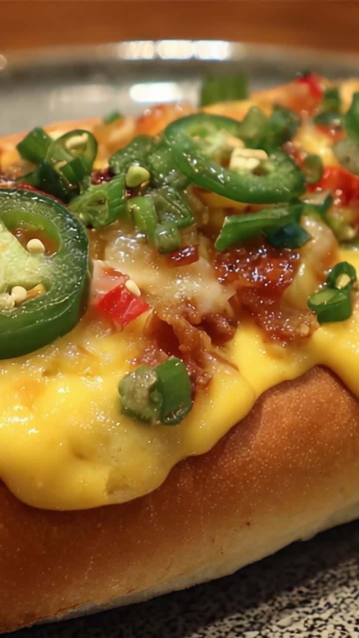 Hot dog al formaggio deliziosamente guarnito con jalapeños, pancetta ed erbe fresche per un'esperienza di snack saporita