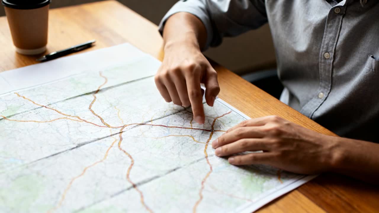 Placing hands, shirted man pointing, tracing, tapping at wood table, planning trip with map cup pen
