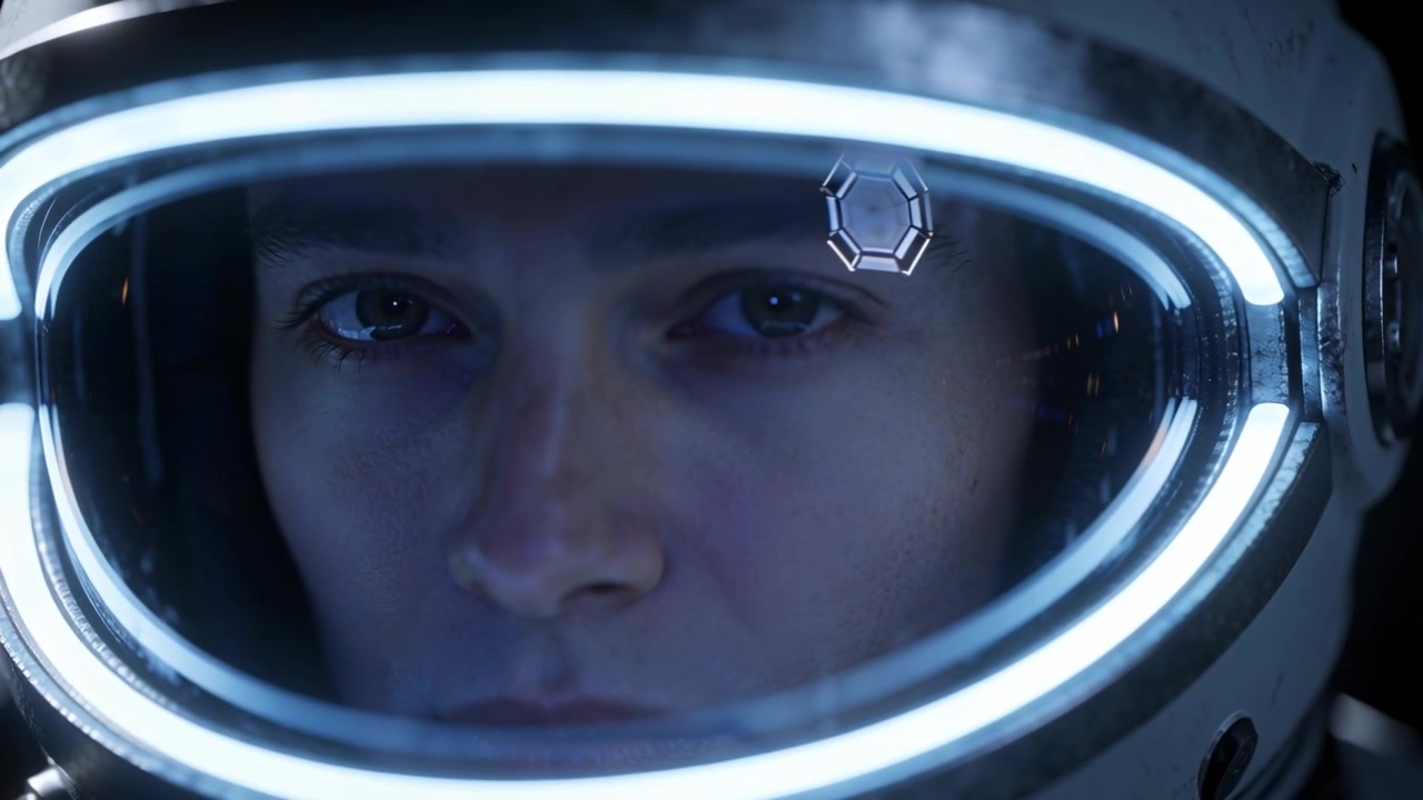 Una donna astronauta con casco e tuta nella cabina di pilotaggio, che sbatte le palpebre mentre un'icona HUD appare durante il test.