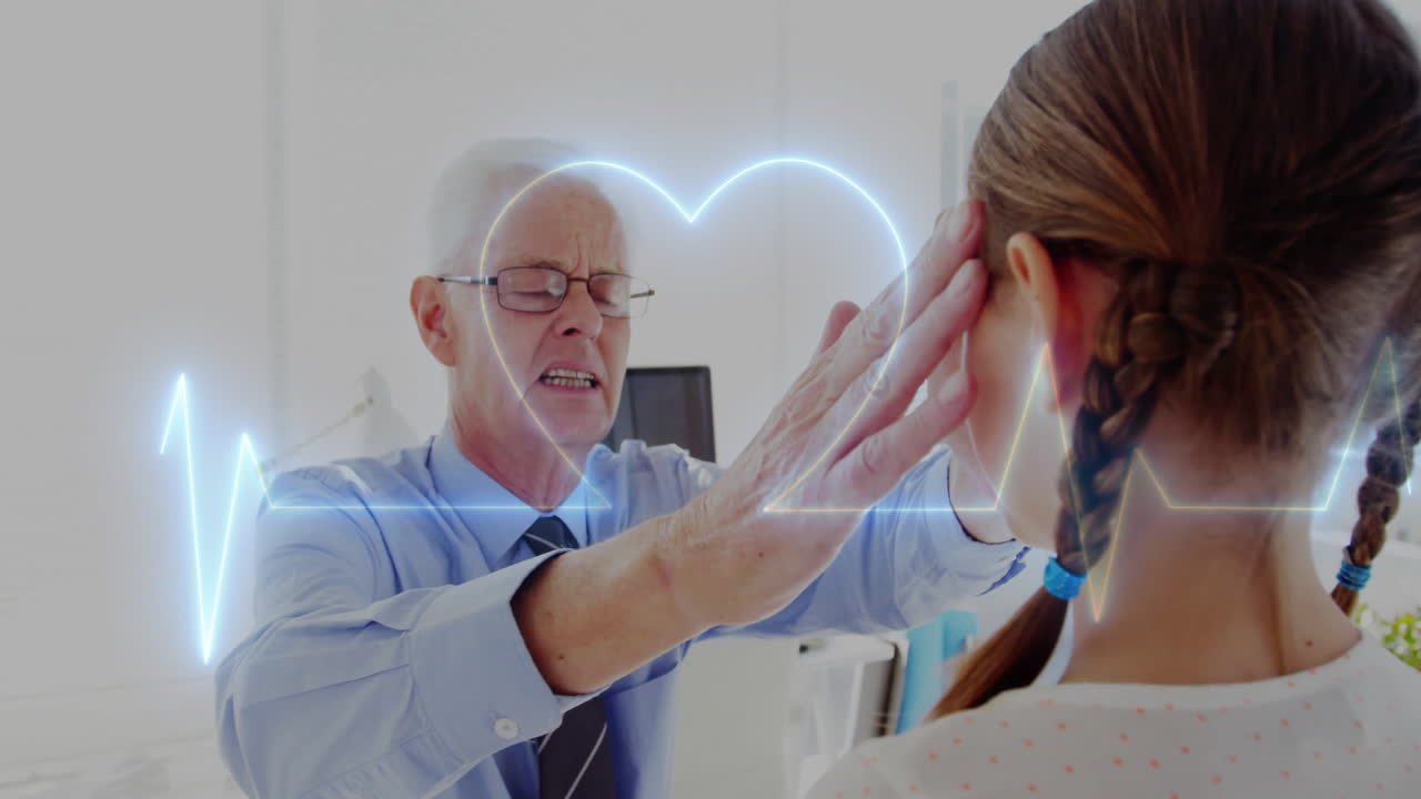 Animation of cardiograph over caucasian male doctor examining his patient