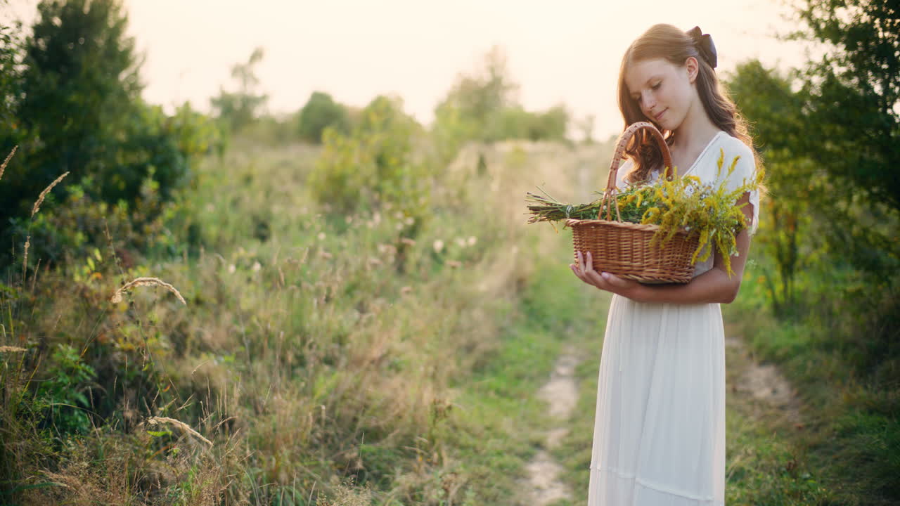 Smiling girl in white dress with basket at sunset