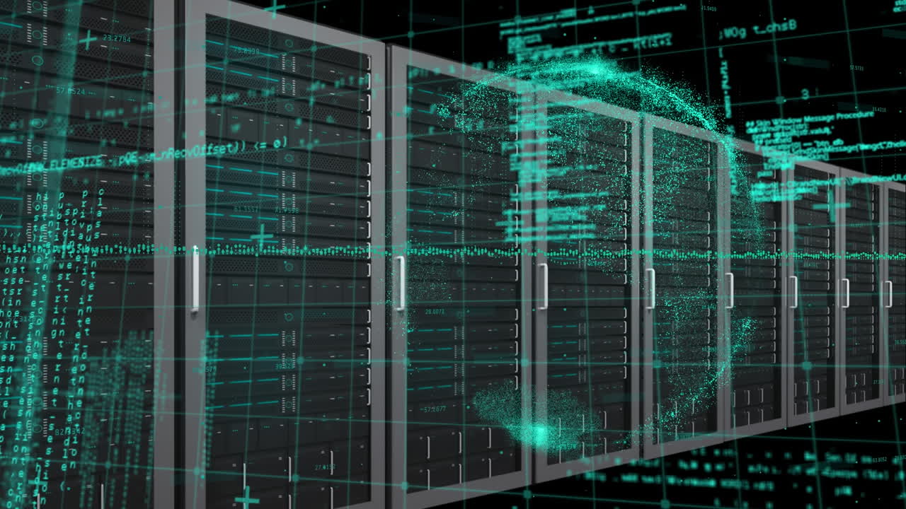 Animation of data processing and globe over server room