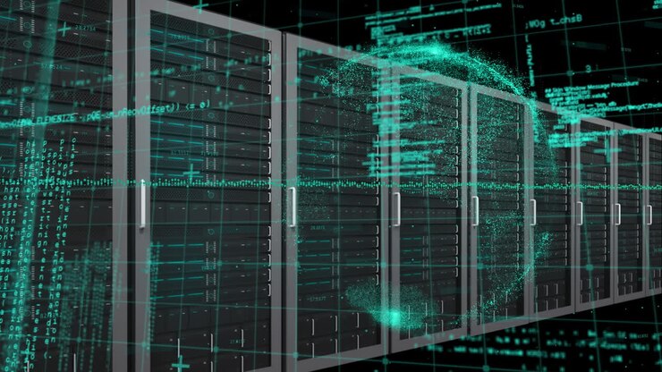 Animation of data processing and globe over server room