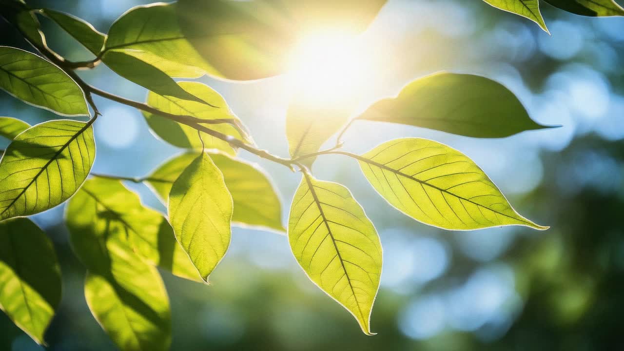 Close-up video shot of sunlit green leaves from a low angle, capturing the intricate leaf veins