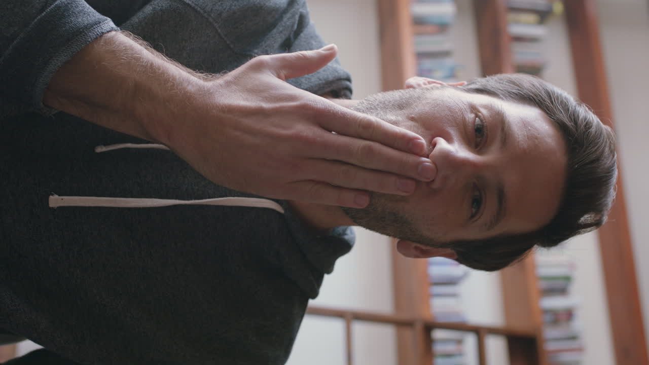 행복한 젊은 남자가 집에서 스마트폰을 사용하여 비디오 채팅을 하고 아기를 흔들고 라이프 스타일을 공유하는 아버지가 수직 화면에서 온라인 연결을 즐기고 있습니다.