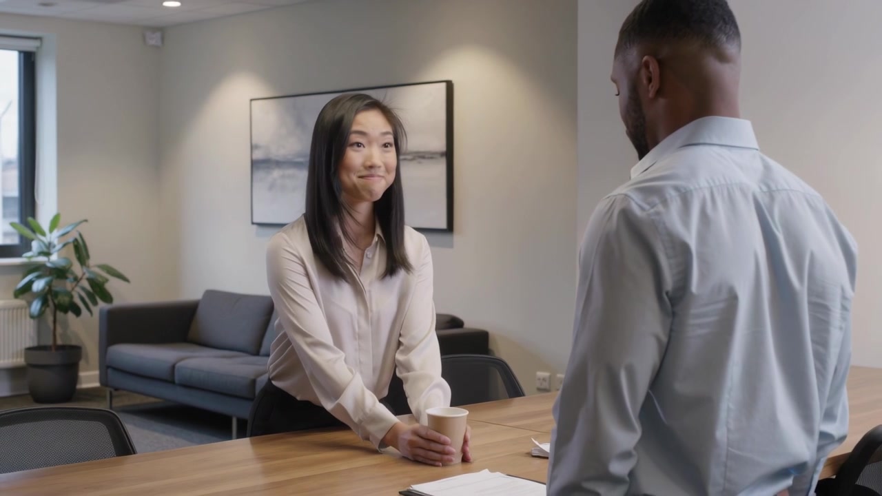 Holding cup, woman in light blouse placing cup on counter to offer coffee as colleague entering