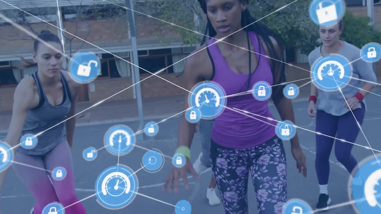 animación de redes de conexiones sobre jugadoras de baloncesto