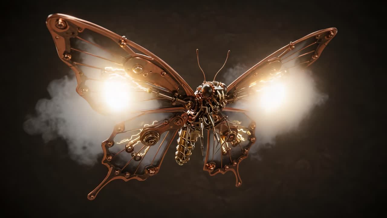A Stunning Steampunk Butterfly: An Artistic Fusion of Mechanism and Nature with Intricate Copper Details and Captivating Light Effects Set Against a Dark Background