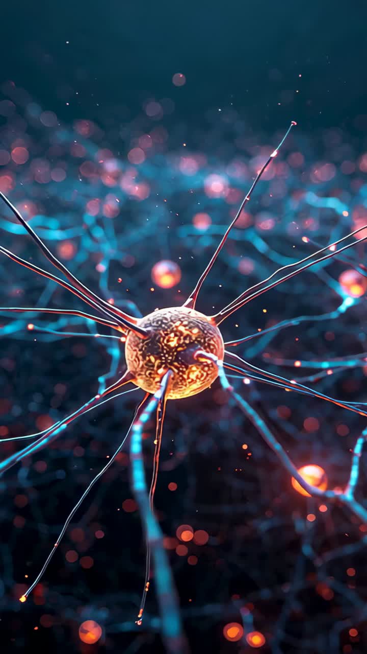 Vertical video: Sending bluish pulse as central soma firing along long axon process in neural mesh