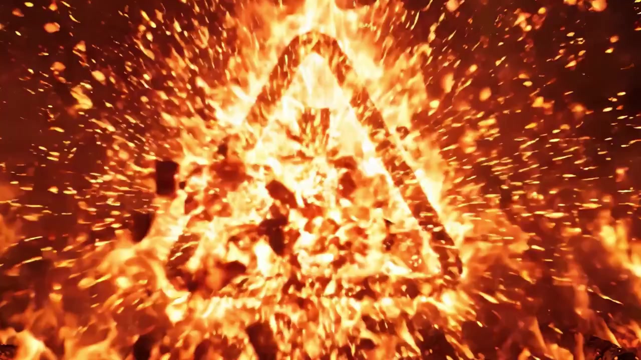 En slående visuel repræsentation af fare og advarsel, hvor levende flammer omslutter et advarselssymbol, der fremhæver den intense varme og det presserende i en potentielt farlig situation