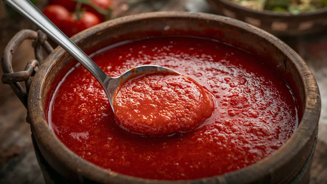 Breve sollevamento che fa sì che un mestolo raccolga salsa di pomodoro da una pentola rustica su un tavolo di legno, per servire