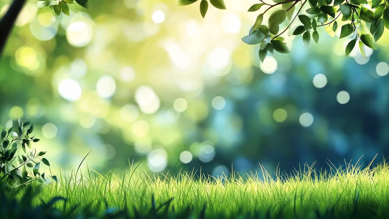 A serene, low-angle video frame of a sunlit meadow with blurred bokeh effect, capturing vibrant