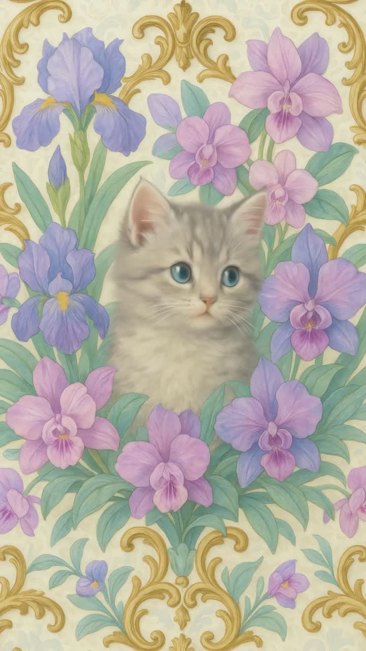 A whimsical portrait of a kitten surrounded by ornate floral patterns, captured from a front angle