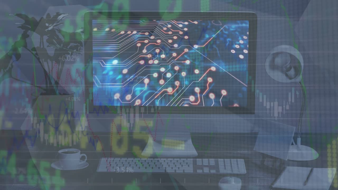 컴퓨터 화면에서 마이크로프로세서 연결을 통해 주식 시장 데이터 처리의 애니메이션