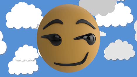 Animation-of-smiling-emoji-icon-with-clouds-on-blue-background