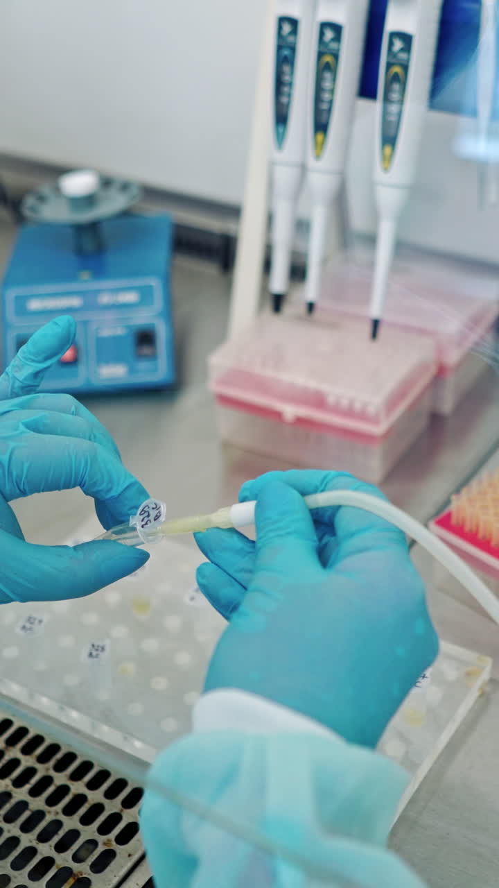 Hands in blue sterile gloves filling test tubes with liquid. Some racks with vials of liquid in modern laboratory indoors. Vertical video