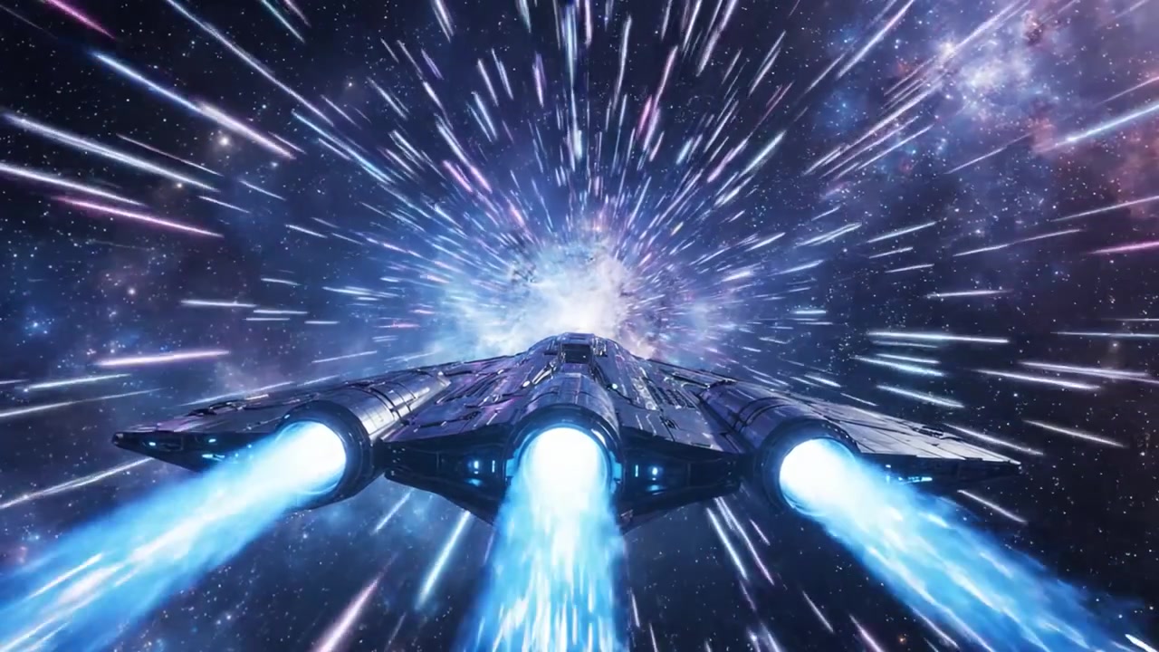 未来的な宇宙船が、カラフルな星雲と星々で満たされた鮮やかな宇宙を推進し、宇宙を横断するワープ速度の移動のスリルを体験しています。