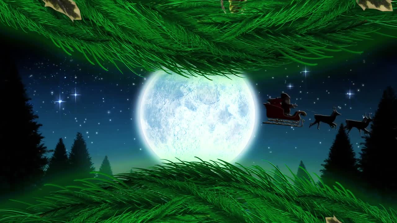 Animazione digitale di una corona di Natale e della sagoma di Babbo Natale su una slitta trainata da renne.