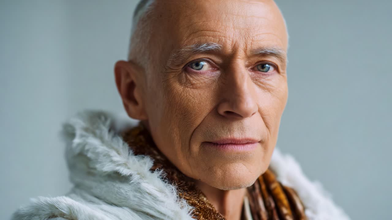 Un uomo solenne con lineamenti marcati e un'espressione contemplativa, che indossa un cappotto foderato di pelliccia, guarda pensieroso verso lo spettatore, trasudando saggezza e profondità